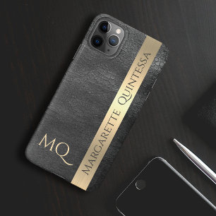 Modern Stylish Black Leather Gold Foil Monogrammed iPhone 16 Case