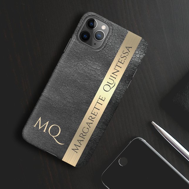 Modern Stylish Black Leather Gold Foil Monogrammed iPhone 16 Case (Creator Uploaded)