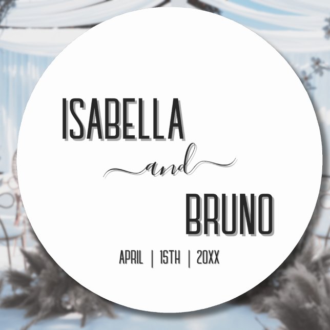 Modern, Stylish Black Personalised Text Wedding Classic Round Sticker (Creator Uploaded)