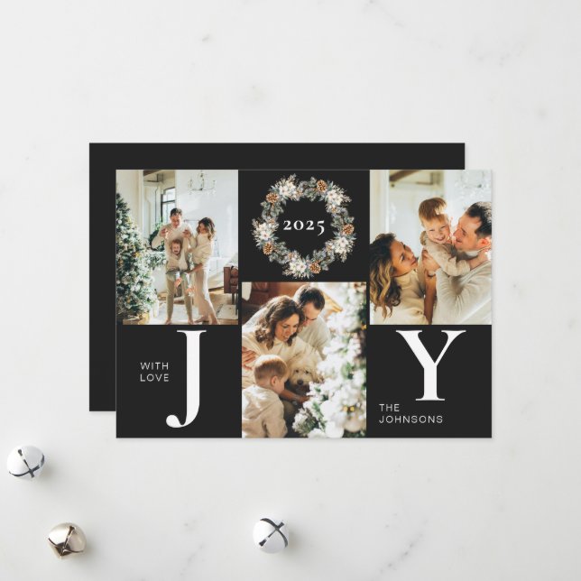 Modern Stylish Black Photo Collage Joy Christmas Holiday Card (Front/Back In Situ)