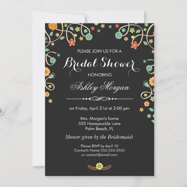 Modern Stylish Black Swirl Floral Bridal Shower Invitation (Front)