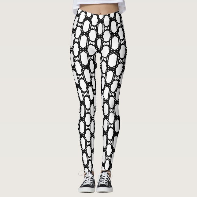 Modern Stylish Black White Geometric Pattern Leggings (Front)