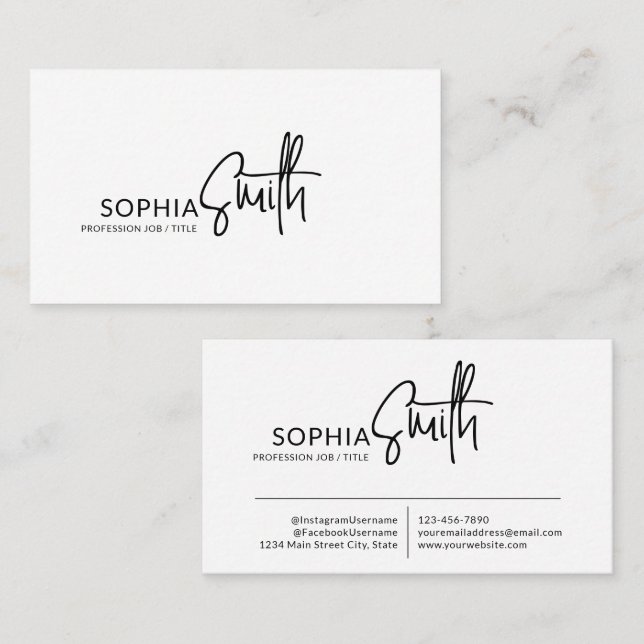 Modern Stylish Black & White Handwritten Script Business Card (Front/Back)
