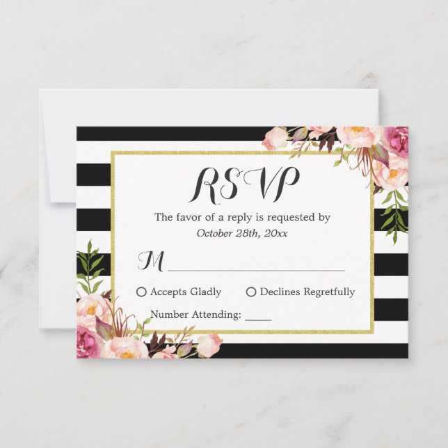 Modern Stylish Black White Stripes Floral RSVP (Front)