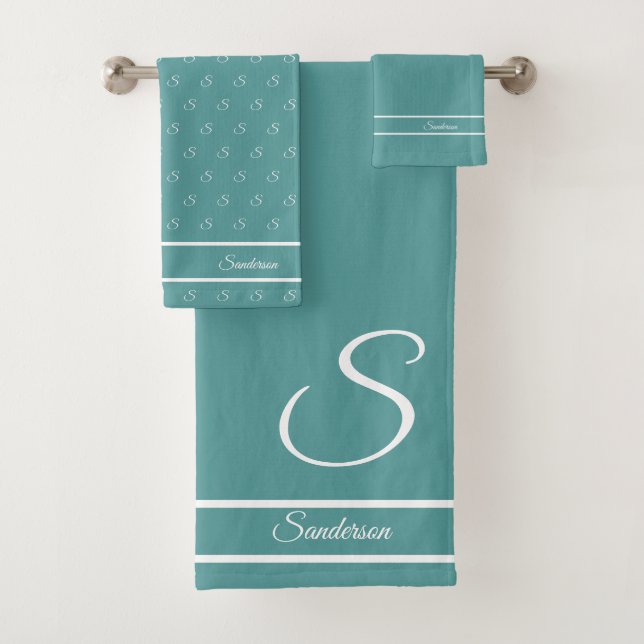  Modern Stylish  Blue and White Monogram Bath  Bath Towel Set (Insitu)