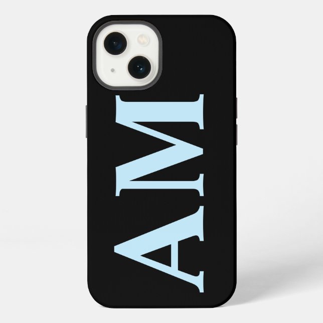 Modern Stylish Blue Black Monogram Initials iPhone Case (Back)