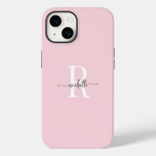 Modern Stylish Blush Pink Script Monogram Initial iPhone 14 Case