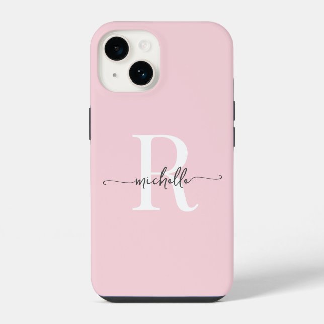 Modern Stylish Blush Pink Script Monogram Initial iPhone Case (Back)