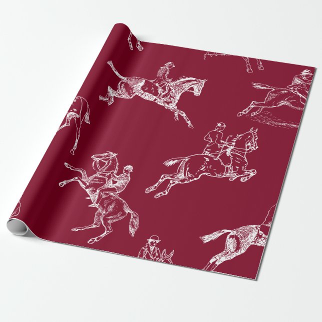 Modern Stylish Burgundy Horseback Riding Toile Wrapping Paper (Unrolled)