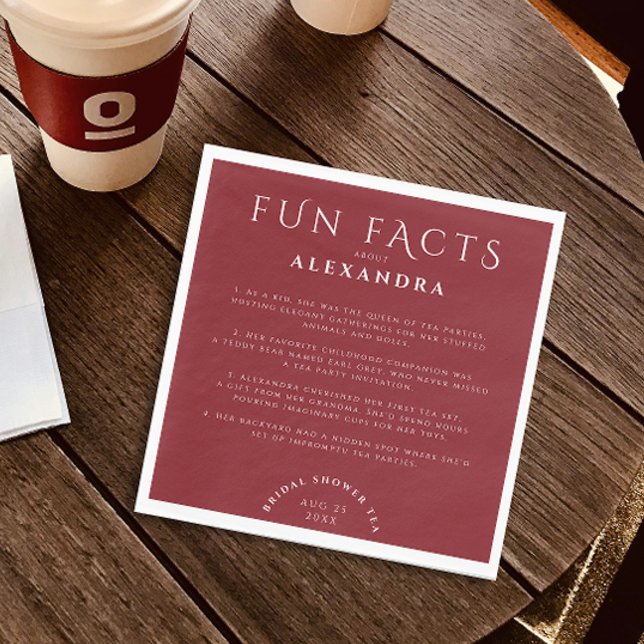 Modern Stylish Burgundy Monochrome Fun Facts Bride Napkin (Creator Uploaded)