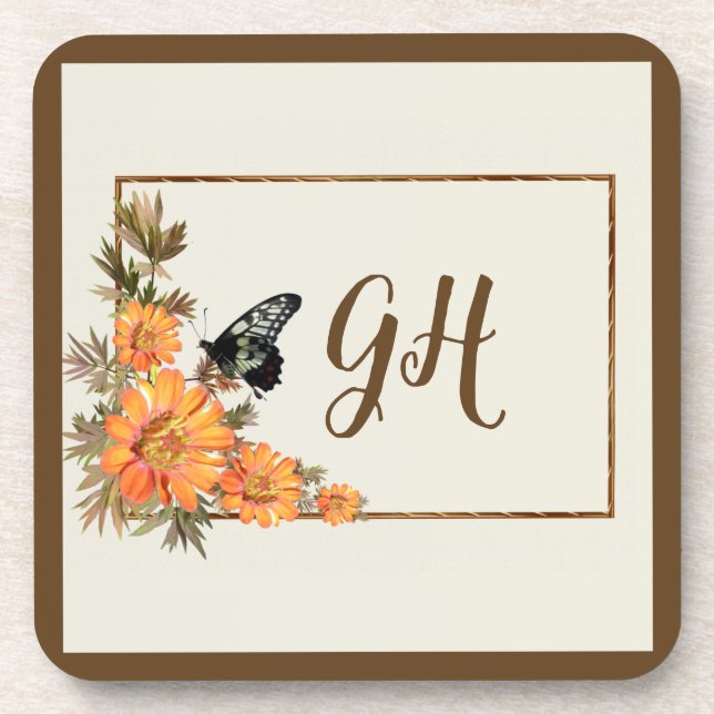 Modern & Stylish Butterfly Flower Monogrammed Coaster (Front)