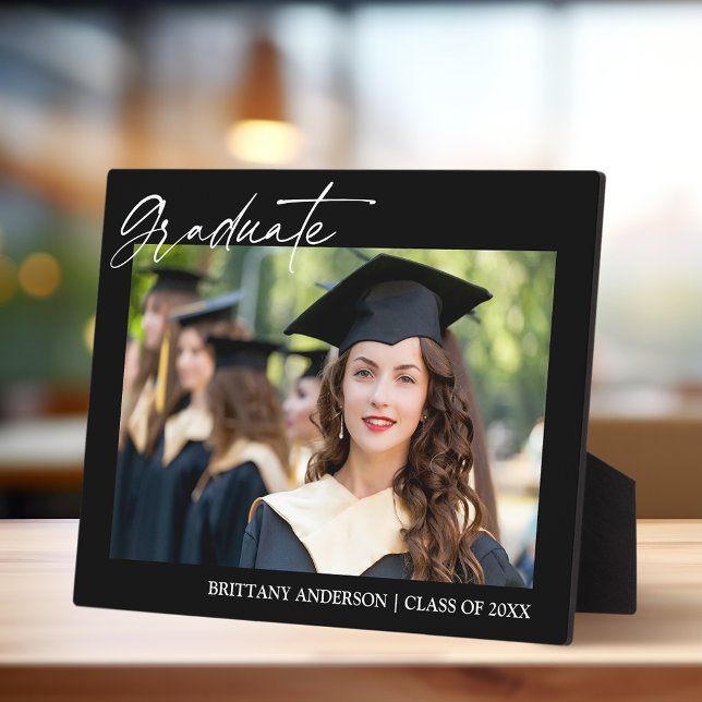 Modern Stylish Calligraphy Ink Graduation Photo Plaque (Customize to change background color.)