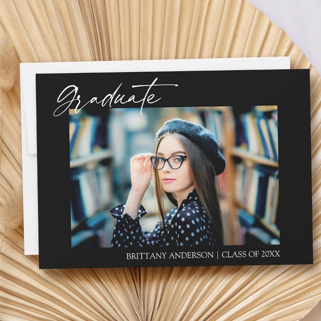 Modern Stylish Calligraphy Ink Photo Graduation Announcement (Customize to add text or more photos to back of card.)