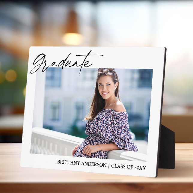 Modern Stylish Calligraphy Ink Photo Graduation Plaque (Customize to change background color.)
