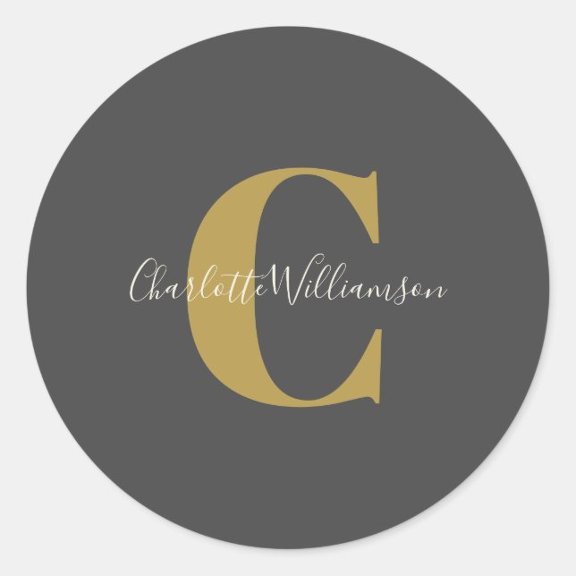 Modern Stylish Calligraphy Monogrammed Black Gold Classic Round Sticker (Front)