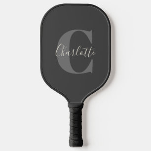 Modern Stylish Calligraphy Monogrammed Black Gray Pickleball Paddle