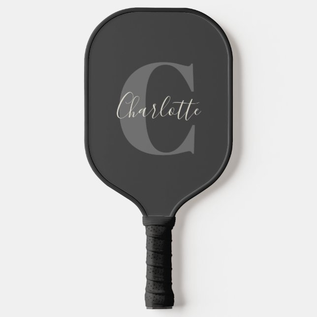 Modern Stylish Calligraphy Monogrammed Black Grey Pickleball Paddle (Front)