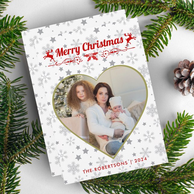 Modern Stylish Christmas Script Family Heart Photo Holiday Card (Creator Uploaded)