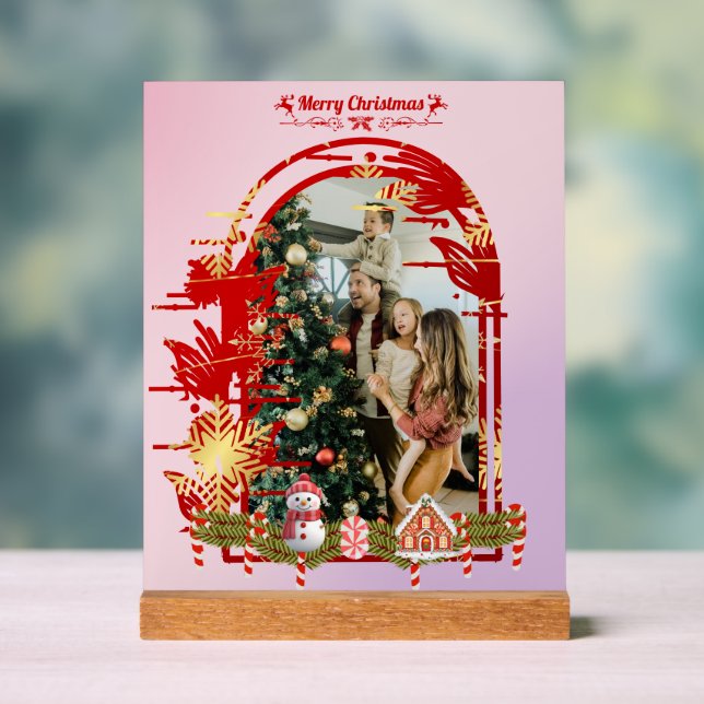 Modern Stylish Christmas Script Family Photo Acrylic Sign (Neutral)