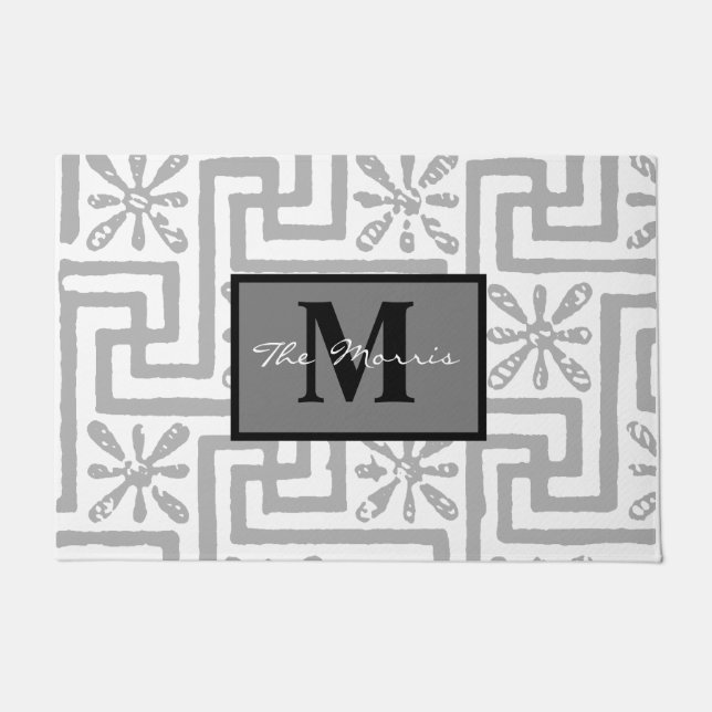 Modern stylish classy greek key monogram grey cute doormat (Front)