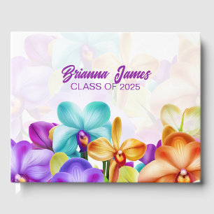 Modern Stylish Colourful Orchids Graduation Guest Book