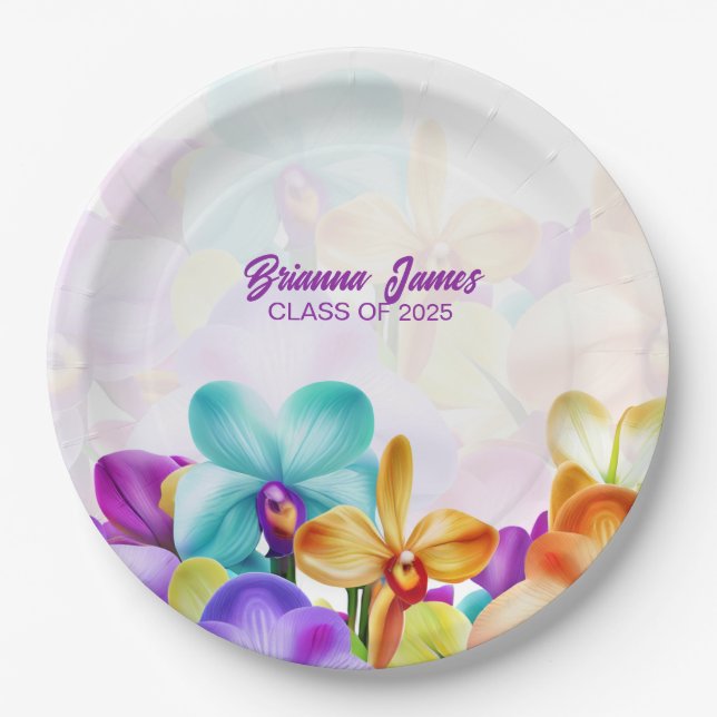 Modern Stylish Colourful Orchids Paper Plates (Front)
