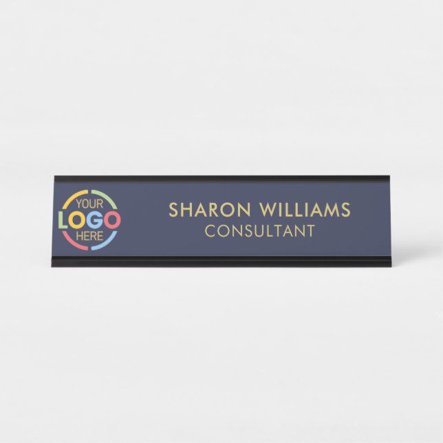 Modern Stylish Custom Business Logo Navy Blue Desk Name Plate (Front)