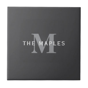 Modern Stylish Dark Grey Monogram & Name Ceramic Tile