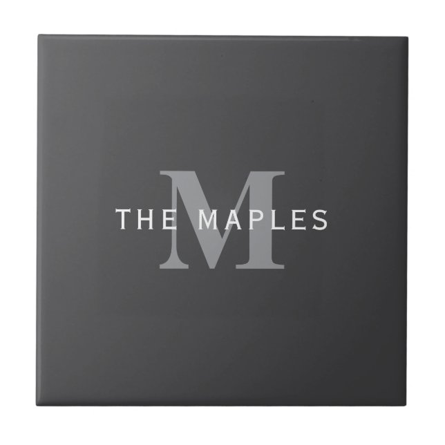 Modern Stylish Dark Grey Monogram & Name Ceramic Tile (Front)