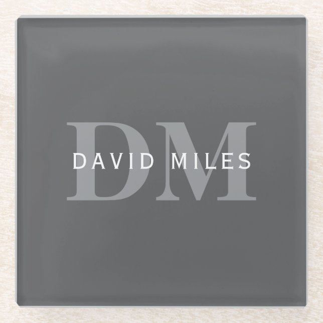 Modern Stylish Dark Grey Monogram & Name Glass Coaster (Front)