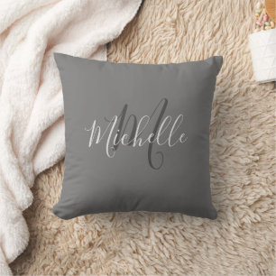 Modern stylish dark grey monogram name script cushion