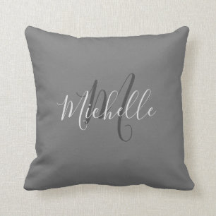 Modern stylish dark grey monogram name script cushion