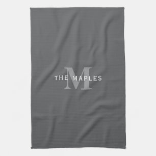 Modern Stylish Dark Grey Monogram & Name Tea Towel