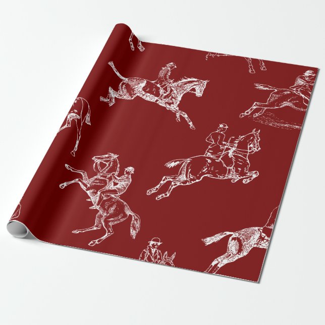 Modern Stylish Dark Red Horseback Riding Toile Wrapping Paper (Unrolled)