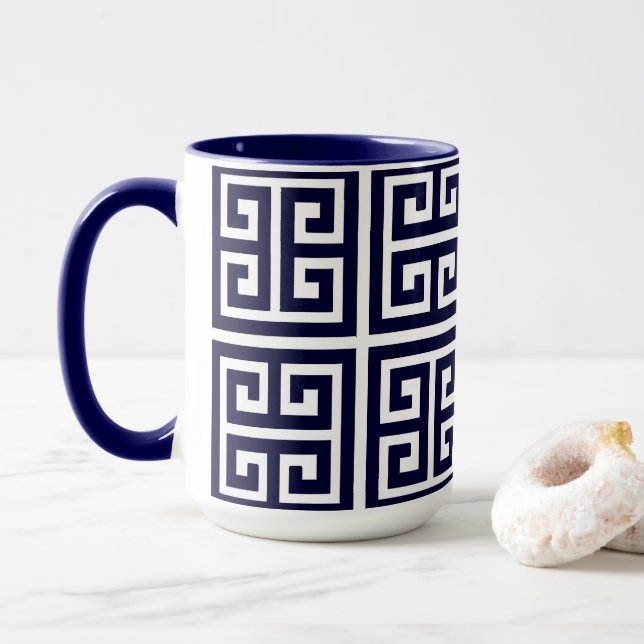 Modern Stylish Deep Blue Greek Key Pattern Mug (With Donut)