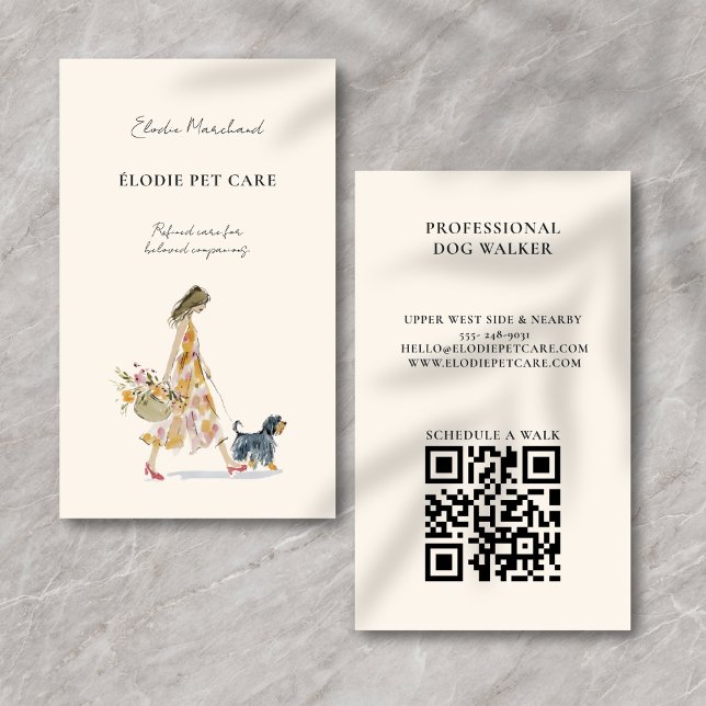 Modern Stylish Dog Walker Pet Sitter QR code Business Card (Elegant, feminine design with modern charm. QR code for easy scheduling & contact.)