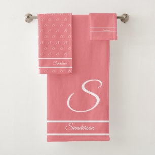 Modern Stylish Dusty Rose Pink White Monogram Bath Towel Set
