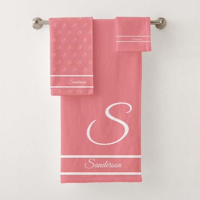  Modern Stylish Dusty Rose Pink White Monogram Bath Towel Set (Insitu)