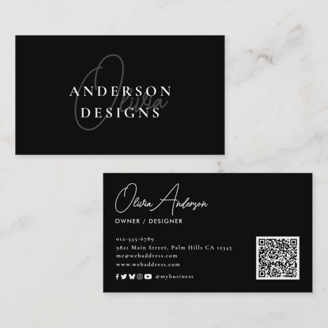 Modern Stylish Elegant Script QR Code Social Media Business Card (Front/Back)