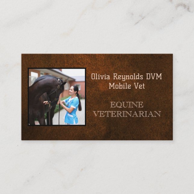 Modern Stylish Equine Veterinarian Brown Texture Business Card (Front)