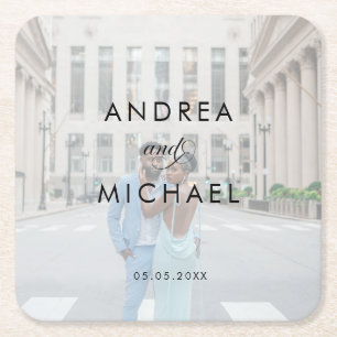 Modern Stylish Faded Photo & Names Simple Wedding Square Paper Coaster