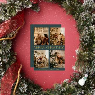 Modern Stylish Family Photo Green Merry Christmas Foil Holiday Card