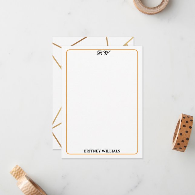 Modern Stylish Geometric Lines Monogram Stationery Card (Front/Back In Situ)