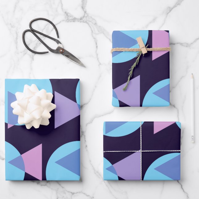 Modern Stylish Geometric Purple and Blue Shapes Wrapping Paper Sheet (Front)