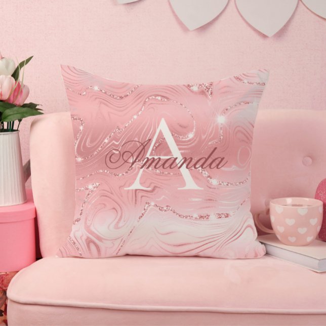 Modern Stylish Girly Pink Glitter Monogram Name Cushion (Creator Uploaded)