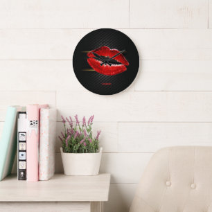 Modern Stylish Glitter Red Lips,Black Large Clock