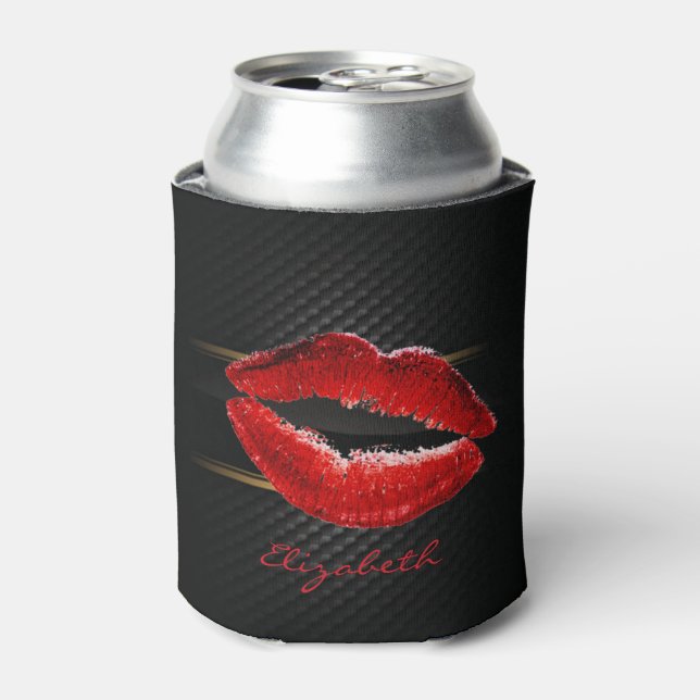 Modern Stylish Glitter Red Lips,Black-Personalised Can Cooler (Can Front)