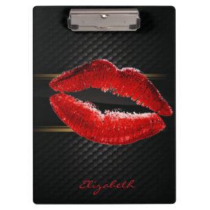Modern Stylish Glitter Red Lips,Black-Personalised Clipboard