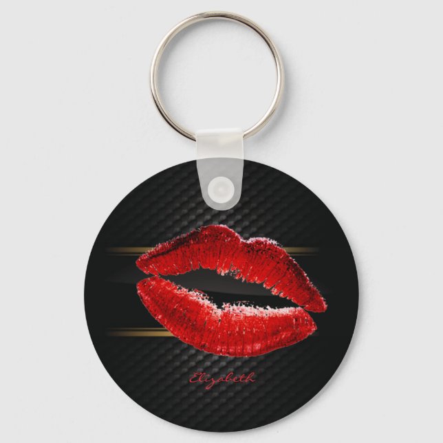Modern Stylish Glitter Red Lips,Black-Personalised Key Ring (Front)