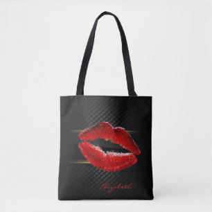Modern Stylish Glitter Red Lips,Black-Personalised Tote Bag